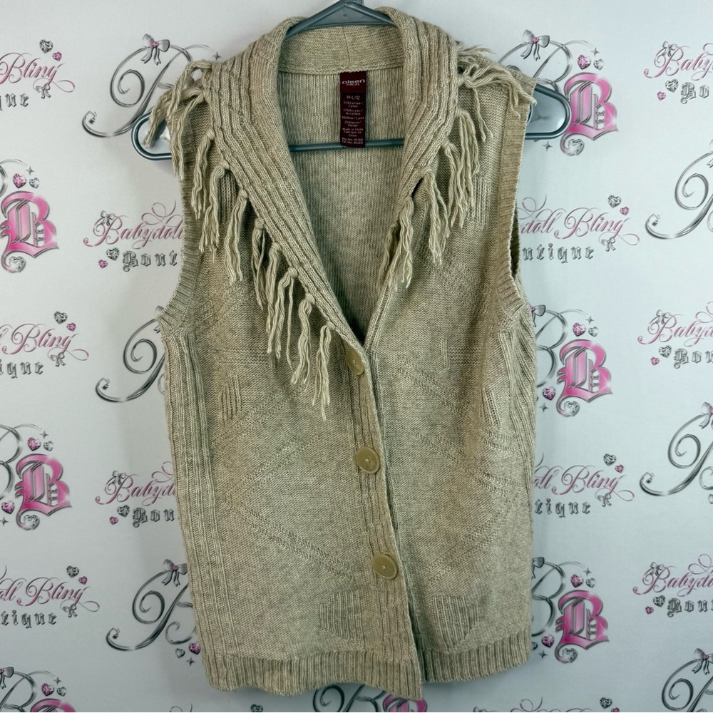 Olsen Europe button up tank top vest tassel knit Fringed Tan Sweater Vest